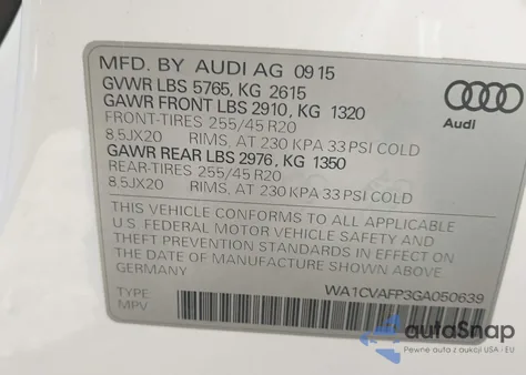 2016 Audi Q5 3.0 Tdi Premium Plus z USA, uszkodzony, nr VIN WA1CVAFP3GA050639